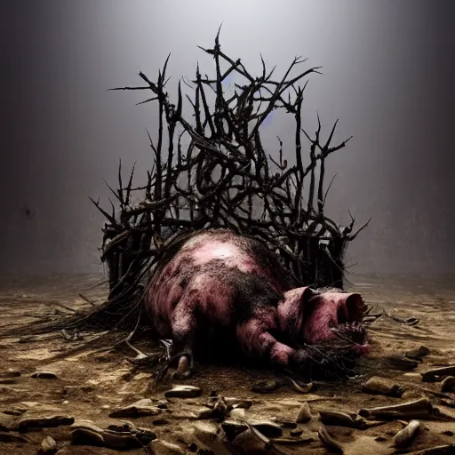 Prompt: a highly detailed realistic photographic render of dead souls worshipping a severed head of a pig with crown of thorns , dead souls, religious sculpture, creepy, cinematic lighting, cinematic scene, Volumetric lighting, Atmospheric scene, Dark, Horror, Atmospheric lighting, Global illumination, realistic, photo realism, hyper realistic, hyper realism, photo realisitc, cinematic render, film, beautifully lit, ray traced, octane 3D render, octane render, unreal engine