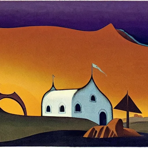 Prompt: an illustration of a white castle in a desertic landscape surrounded by mountain, stylised storm, by nicholas roerich, by frank frazetta by georgia o keeffe by frederick william elwell, by hans emmenegger, by eyvind earle highly detailed, realistic, outline, line work, fantasy, oriental, stylised flat colors, animation