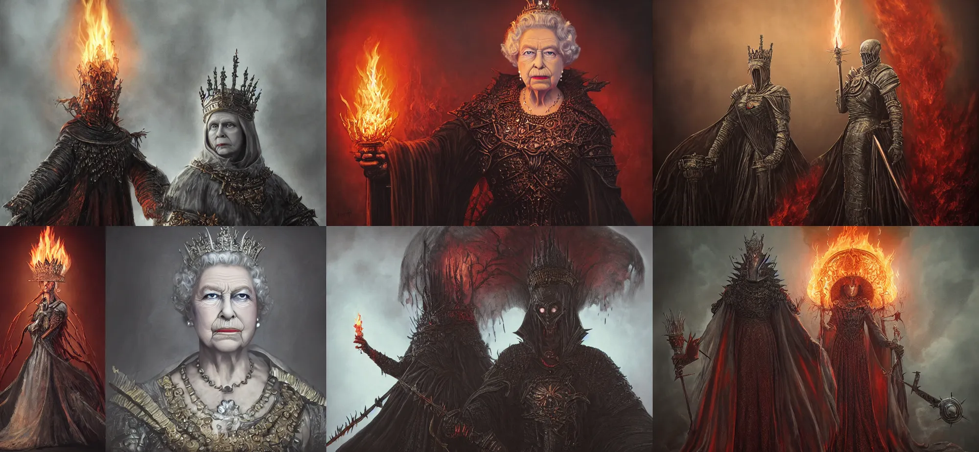 Prompt: Queen Elizabeth as a dark souls boss named 'Lizzie the Eternal Keeper of the Flame'. Dangerous boss, bloodborne, famous boss battle, notoriously difficult, magic attacks. Art by Tom Bagshaw, rendered in octane.