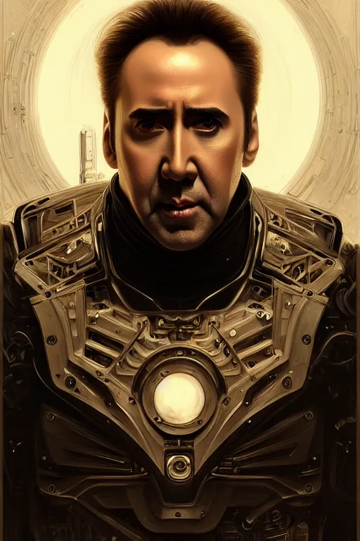 Image similar to nicolas cage mechanical android!, half portrait, intricate detailed environment, photorealistic!, intricate, elegant, highly detailed, digital painting, artstation, concept art, smooth, sharp focus, illustration, art by artgerm and greg rutkowski and alphonse mucha