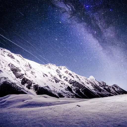 Image similar to a large snowy mountain with a night full of stars and galaxies behind it, cinematic picture