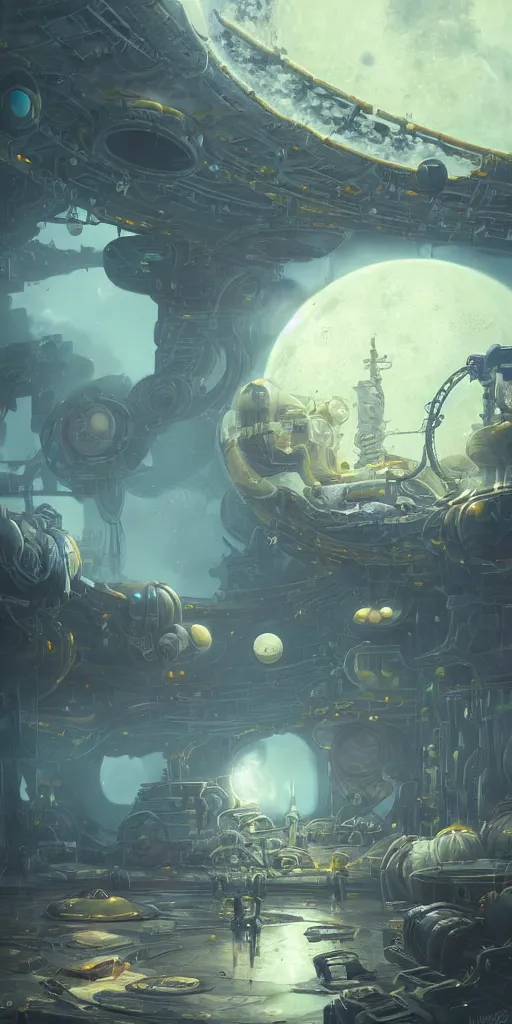 Image similar to Detailed exterior of the enemy moon base, yellow swirling dust planet, stunning atmosphere, in Style of Peter Mohrbacher, cinematic lighting