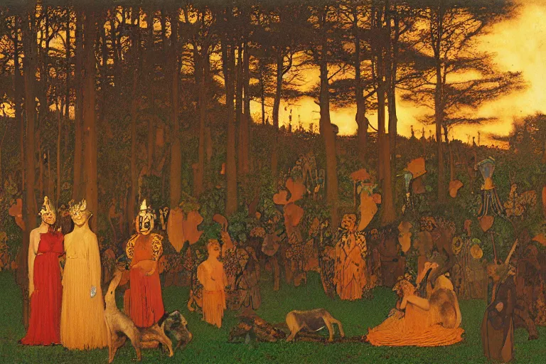 Prompt: autochrome of a midsummernight's dream renaissance forest festival at sunset with masks of wolves and sheep in the style of, jugendstil, alma tadema, vaughn bode and maxfield parrish, maurice sendak and arzach by moebius