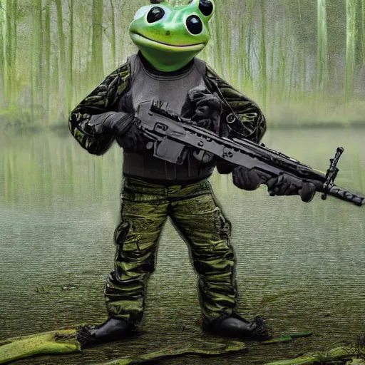 Image similar to professional photograph of an anthropomorphic frog wearing a kevlar vest and holding a black rifle in a swamp, 8 k, very intricate, very detailed, serious,