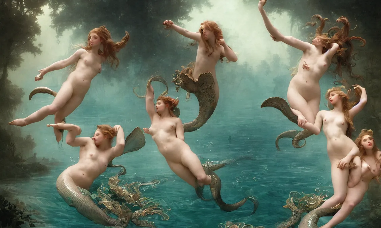 Prompt: a luminous springtime fairytale of beautiful realistic mermaids frolicking with the Kraken in the romantic underwater baroque kingdom of Neptune. Neon light, masterpiece 4k digital illustration by Ruan Jia and Mandy Jurgens and William-Adolphe Bouguereau, award winning, Artstation, Gustave Dore' background, intricate details, realistic, panoramic view, volumetric lighting, sun rays beaming, Hyperdetailed, 8k resolution, golden hour, intricate art nouveau, smooth, sharp focus, rendered in Unreal Engine 3