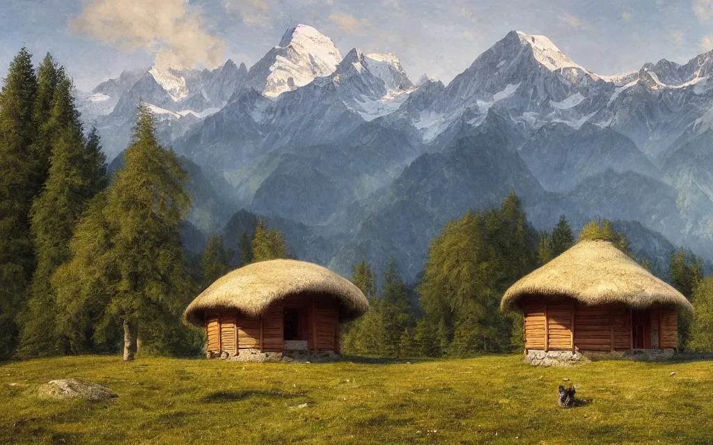 Image similar to a small hut with a pointed wooden roof, a round window, behind 3 large fir trees, in the background the swiss alps, artem demura