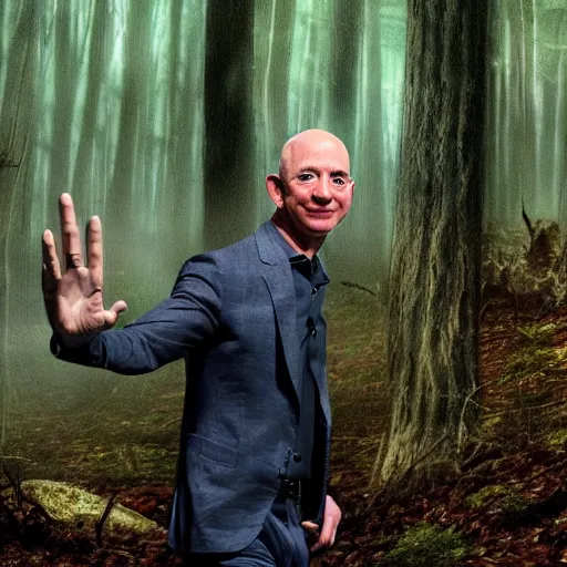 Image similar to jeff bezos skinwalker hunting you in a dark forest with a knife, fully body, realism