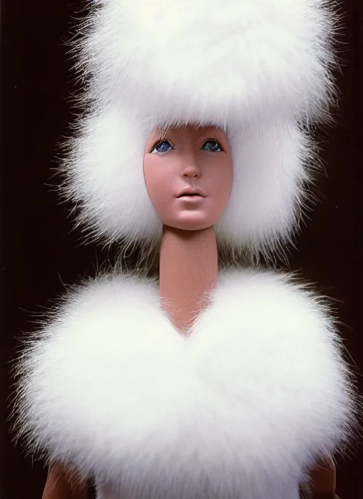 Image similar to realistic photo of a human model doll made of wood and covered with white dots, with a birds beak instead of the nose, white hairs and fluffy fur, center straight composition, front view 2 0 0 0, life magazine photo, museum archival photo