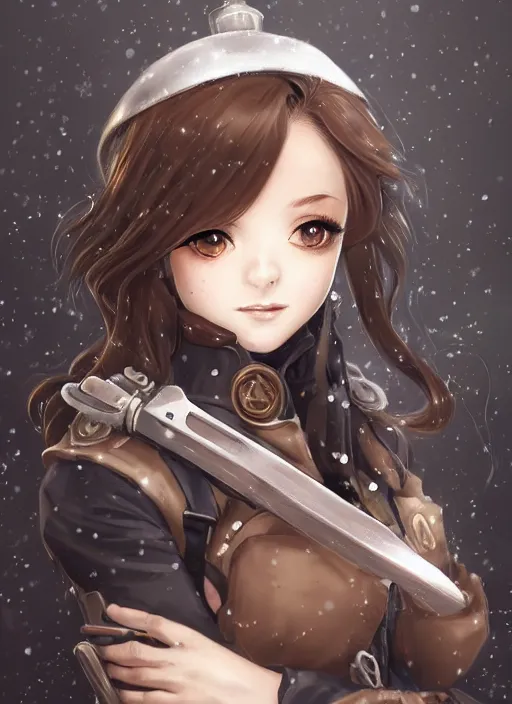 Image similar to girl with steampunk weapons and uniform, serious, intense, finely detailed, made by artgerm, ross tran, full body portrait, illustration, snow, snowing, cloudy, anime, side view, perfect anime face, realistic face, zoomed out, smooth, brown eyes, high waisted shorts