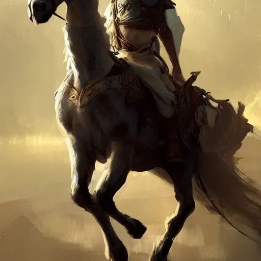 Image similar to a white horse The one who rode him carried arrows and a bow in his hand, and they gave him a crown, digital Art, Greg rutkowski Trending artstation