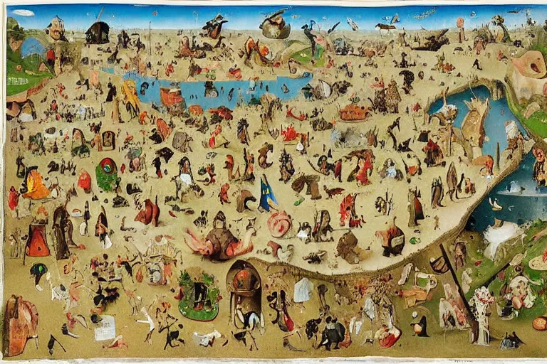 Prompt: an elaborate and dense painting of a kids road carpet map, detailed, made of alcohol ink on parchment and penned illustrations, by wes anderson and ( ( ( ( ( hieronymus bosch ) ) ) ) ) and geoff darrow!!!!!