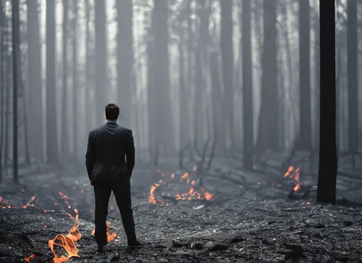 Image similar to a 3 5 mm photo from the back of a man in a gray suit walking through a forest fire, splash art, movie still, bokeh, canon 5 0 mm, cinematic lighting, dramatic, film, photography, cold blue light, depth of field, award - winning, anamorphic lens flare, 8 k, hyper detailed, 3 5 mm film grain