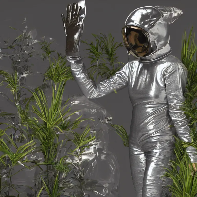 Image similar to octane render portrait by wayne barlow and carlo crivelli and glenn fabry, subject is a woman covered in tie - dye aluminum foil space suit with a colorful metallic space helmet, surrounded by alien plants, cinema 4 d, ray traced lighting, very short depth of field, bokeh