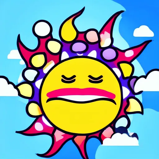 Prompt: fantastical vibrant 😀 emoji - shaped cloud with holes for eyes and mouth, in a nature scene, high definition, sun breaking behind the 😀 emoji, cheerful, rave art