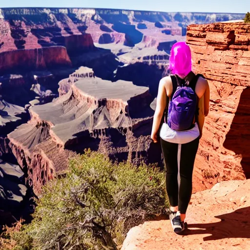 Prompt: a young woman with long pink hair looking at grand canyon, hiking clothes, tank top, backpack, arizona, grand canyon in background, cinematic, beautiful, stunning, morning, epic, 8 k