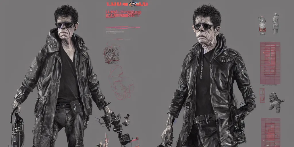 Prompt: lou reed as a cyberpunk dealer, character sheet, concept design, contrast, hot toys, kim jung gi, greg rutkowski, zabrocki, karlkka, jayison devadas, trending on artstation, 8 k, ultra wide angle, pincushion lens effect