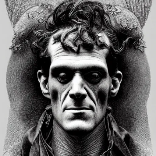 Prompt: An intricate detailed complex pencil drawing of frankenstein, dead eyes , contrast atmosphere, majestic, symmetrical face, artgerm, Dark mist, portrait, detailed monochrome, featured on artstation hd, detalied complex of monster illustration, character design art, border and embellishments dslr, hyperreal by Alphonse Mucha