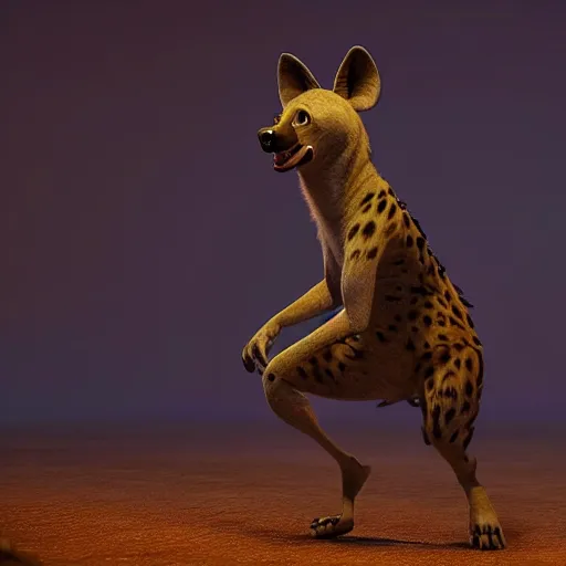 Image similar to portrait of a happy hyena dancing. pixar style animation 3 d extremely gloomy lighting, shining light and shadow, atmospheric, cinematic, unreal engine, 8 k