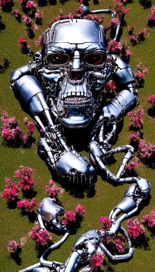 Image similar to destroyed terminator lying in a field of flowers, twisted metal, chrome, reflections, earth, terrible, anthropomorphic, photorealism, smoke, metal, 8 k, surreal, wires, smooth, sharp focus, top view, extremely detailed, ultra - realism, elegant, establishing shot, epic, by jeff koons, artgerm and greg rutkowski