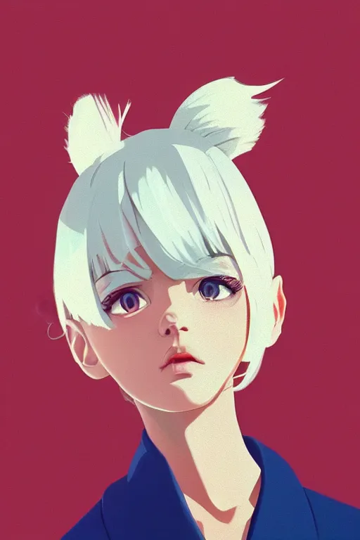 Prompt: a cute girl with cut to shoulder white hair wearing school uniform, overhead shot, sharp focus, pure background color, illustration, morandi color scheme, art station, by ilya kuvshinov