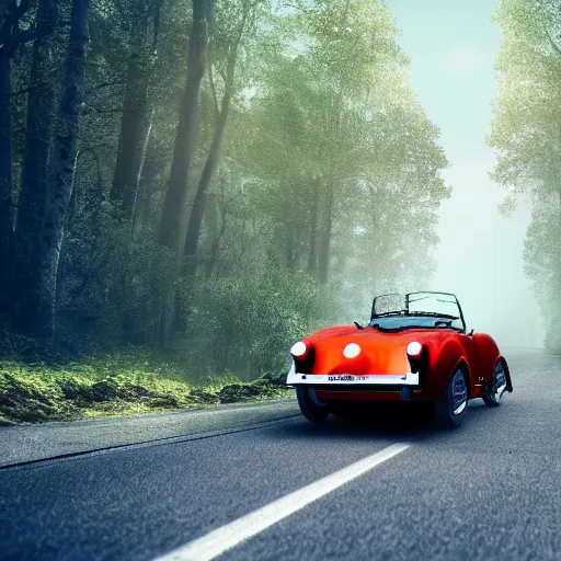 Prompt: octane render of a Triumph TR250 driving on narrow winding road in a mixed mesophytic forest, photorealistic, Car & Driver, trending on ArtStation