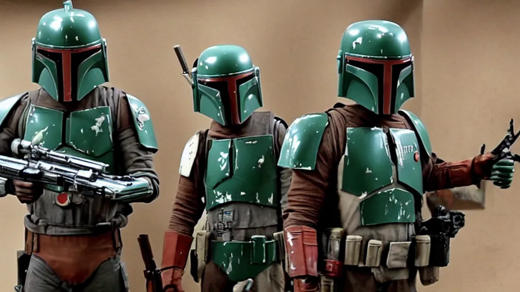 Prompt: still image of boba fett in an episode of the big bang theory, cinematic