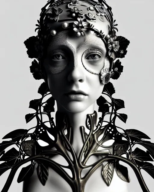 Image similar to monochrome 3 d model, 1 9 3 0 picture, floral steampunk biomechanical beautiful young female cyborg with porcelain profile face and a techno eye, volumetric light, leaves foliage and stems, hibiscus flowers, boho vines, sinuous fine roots, fine foliage lace, alexander mcqueen, rim light, big gothic fashion pearl embroidered collar, octane render, 8 k