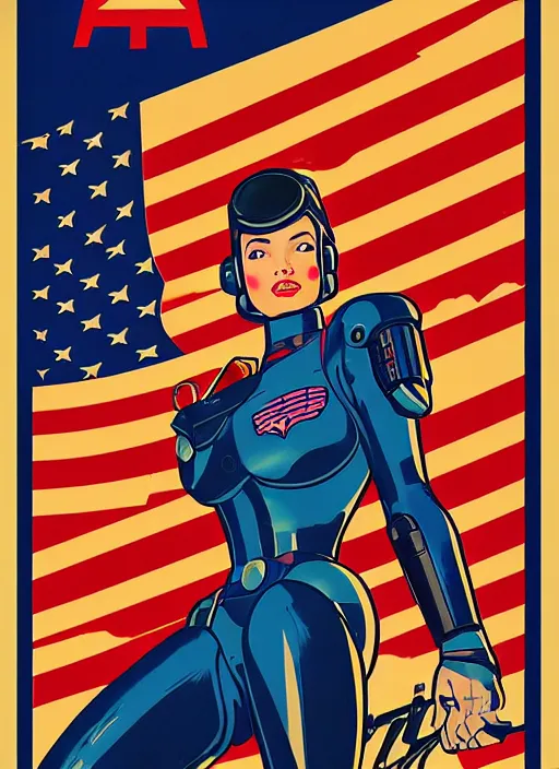 Image similar to american propaganda poster art. powerful cyberpunk pilot. portrait by jean giraud and anton otto fischer and john philip falter and will eisner and gil elvgren and pixar. full body. realistic proportions. science fiction d & d. overwatch, rb 6 s, cyberpunk 2 0 7 7, blade runner 2 0 4 9 concept art. cel shading. thick lines.