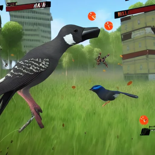 Image similar to battle royal game with birds with guns in - game