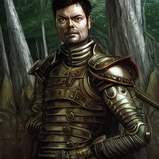 Prompt: A fantasy comic book style portrait painting by Junji Ito and Greg rutkowski of Karl Urban as a Paladin in a stunning ruin setting surrounded by yellow spring forest, unreal 5, DAZ, hyperrealistic, octane render, dungeons and dragons, dynamic lighting