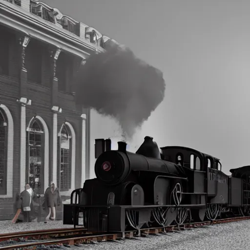 Image similar to a black steam locomotive pulling a train into a Victorian era crowded train station, slight fog, highly detailed, octane render, unreal engine 5