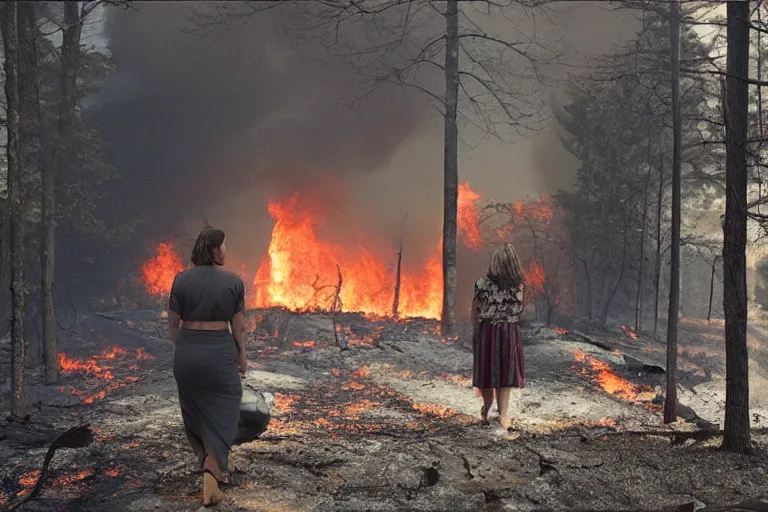 Image similar to Gregory Crewdson full color Photography, A woman walks calmly while her house is on fire