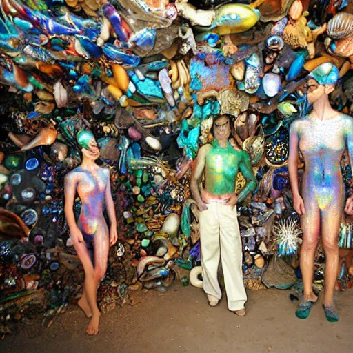 Prompt: a human standing in his garage, covered with iridescent bodypaint, shells and barnacles, 2 0 0 7 motorola cell phone pic