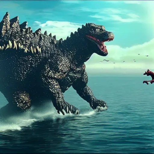 Image similar to masive 1 0 0 meters beagle dog versus godzilla over the sea, epic cinematic, 4 k, very high detail