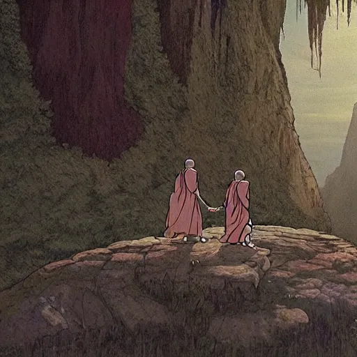 Image similar to movie still from princess mononoke ( 1 9 9 7 ) showing a highly detailed landscape with two monks praying with stonehenge in the background 1 9 8 0 s science fiction, 1 9 7 0 s science fiction, cyberpunk, moody, misty, depth perception, 4 k, artstation