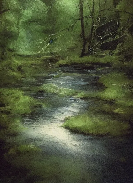 Image similar to there is a place in wales, tucked out of view magic happens, only seen by a few. for just one day, for only just one hour. the last summer's day break at gelli aur. there you must follow a winding trout stream. search all the oaks with a tiny light beam, inspired by greg rutkowski and charlie bowater