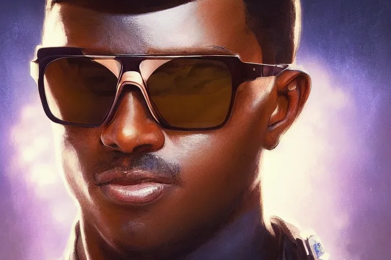 Image similar to Beautiful portrait of a skin glowing male police officer wearing cool shades. wide angle, magic, fire, darkness, dramatic lighting, Africa, intricate, wild, highly detailed, digital painting, artstation, concept art, smooth, sharp focus, illustration, art by artgerm and greg rutkowski and alphonse mucha, footage from space camera