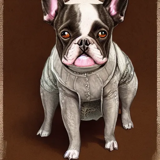 Image similar to proud black french bulldog, renaissance, wearing victorian lacey clothing, highly detailed, digital painting, artstation, sharp focus, illustration - - ar 6 : 1 8