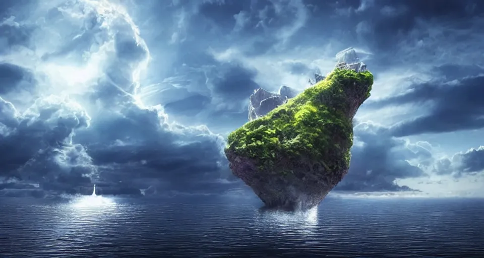 Image similar to A magnificent floating island in the sky above the sea, defying gravity, floating and flying island, epic lighting, epic composition, highly detailed