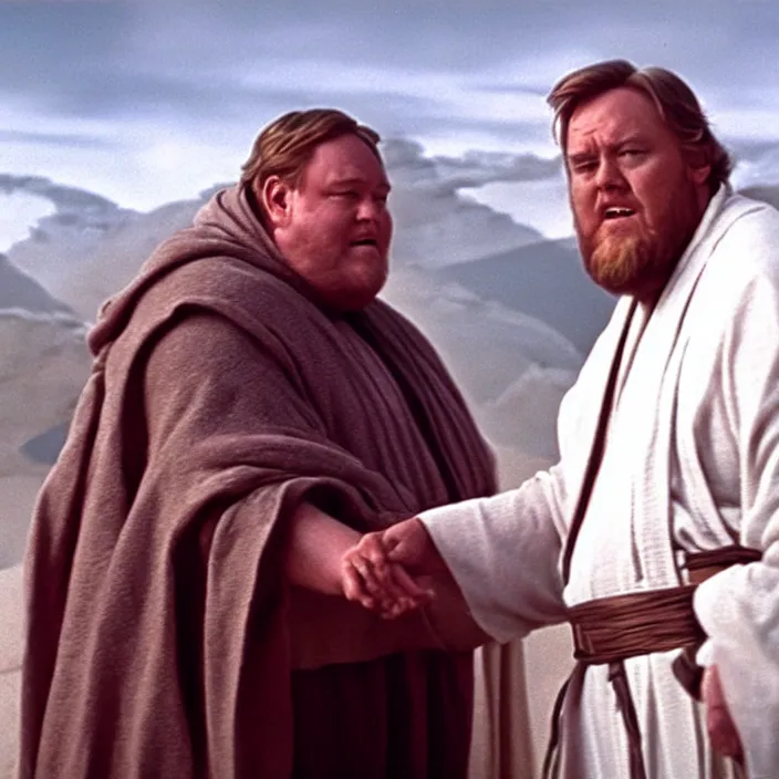 Image similar to obi wan kenobi but obese!! and overweight, photoralistic rendering, movie still, screenshot, hyperdetailed