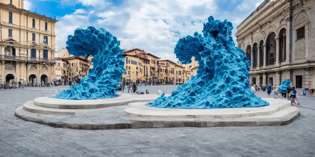 Image similar to A white and blue marble sculpture of The Great Wave off Kanagawa in the middle of an empty Italian piazza without people, midday, 4k photograph, sunny day, long shot