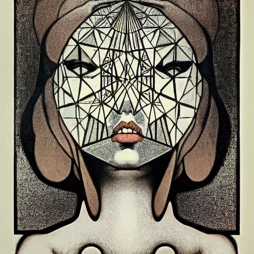 Prompt: lithography on paper secret conceptual figurative post - morden monumental dynamic portrait drawn by mucha and escher and hogarth, inspired by magritte, illusion surreal art, highly conceptual figurative art, intricate detailed illustration, controversial poster art, polish poster art, geometrical drawings, no blur