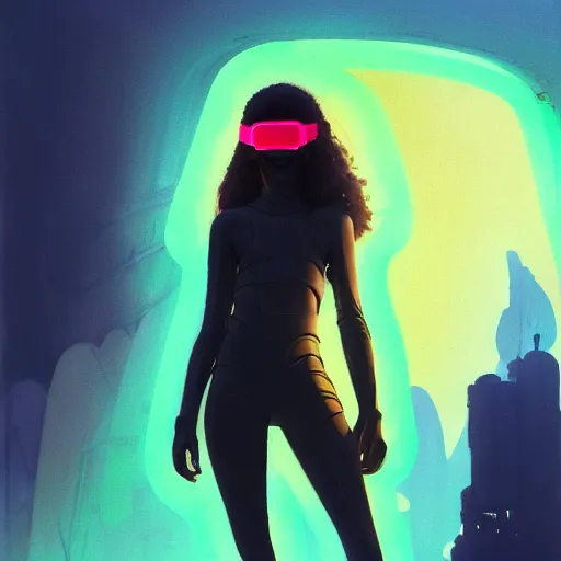 Image similar to zendaya wearing opaque reflective goggles profile picture by Greg Rutkowski, brown skin, very long hair, dune, asymmetrical, futuristic, neon volumetric lights, cool colors, streetwear, studio ghibli, Organic Painting , Matte Painting, geometric shapes, hard edges, street art, trending on the artstation, fantasy LUT, realistic by Sachin Teng + Martin Grip + Moebius, techwear, Industrial Scifi, detailed illustration, character portrait, dramatic, graphic,