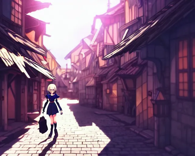 Image similar to anime still frame portrait of a young female walking through a busy medieval village, ilya kuvshinov, dynamic pose, dynamic perspective, detailed silhouette, cel shaded anime