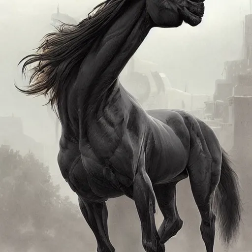 Prompt: a huge muscular black - coated anthro horse with long white hair wearing tactical kevlar fabric, exaggerated muscle physique, highly detailed, furry, furaffinity, digital painting, artstation, sharp focus, illustration, weta digital, art by artgerm, greg rutkowski, alphonse mucha