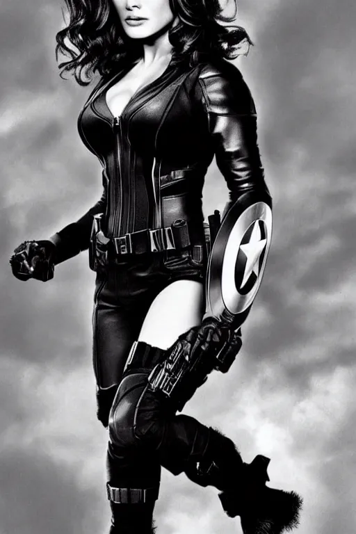 Image similar to salma hayek as black widow in the avengers, portrait realistic photograph, very detailed face