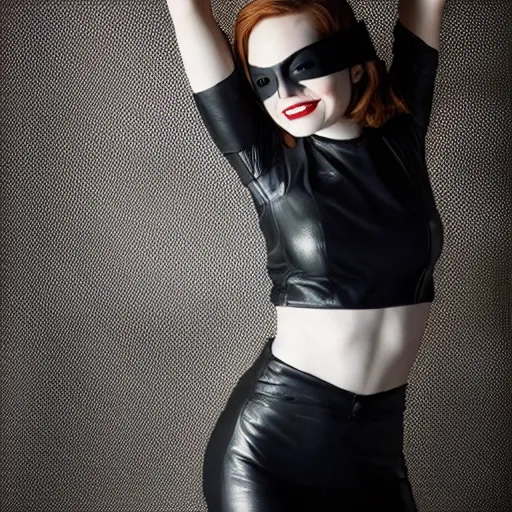 Prompt: Fully-clothed full-body portrait of Emma Stone as catwoman with eyes covered, XF IQ4, 50mm, F1.4, studio lighting, professional, 8K