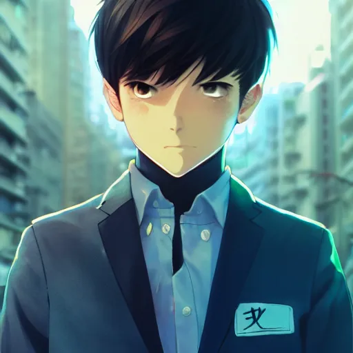 Image similar to very cool anime boy, short silver hair, azure blue watery eyes, full round face, seductive glances, wearing River City Ransom suit, lens flare, cinematic lighting, medium shot, mid-shot, highly realistically detailed, trending on pixiv, Unreal Engine 4k, Stanley Artgerm Lau, WLOP, Rossdraws, James Jean, Marc Simonetti