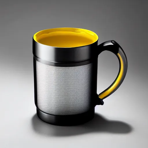 Image similar to yellow coffee mug is made of aluminium, steamy coffee on mug, mug looks similar to a rimowa portmanteau with handle