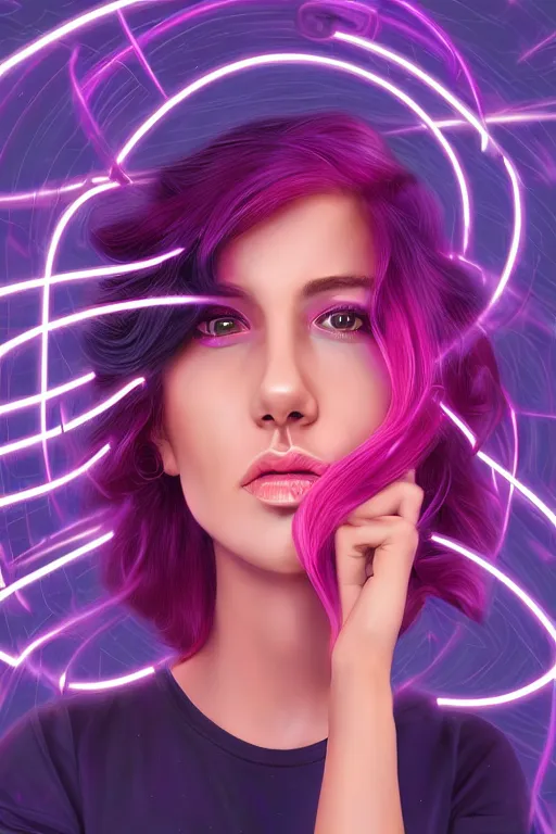 Image similar to a award winning half body portrait of a beautiful woman in a croptop and cargo pants with ombre purple pink teal hairstyle and hands in pockets by ari liloan, surrounded by whirling illuminated lines, outrun, vaporware, shaded flat illustration, digital art, trending on artstation, highly detailed, fine detail, intricate